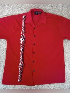 Vintage 7 DIAMONDS Men's Bowling Shirt Short Sleeve Collared Button Front Red L